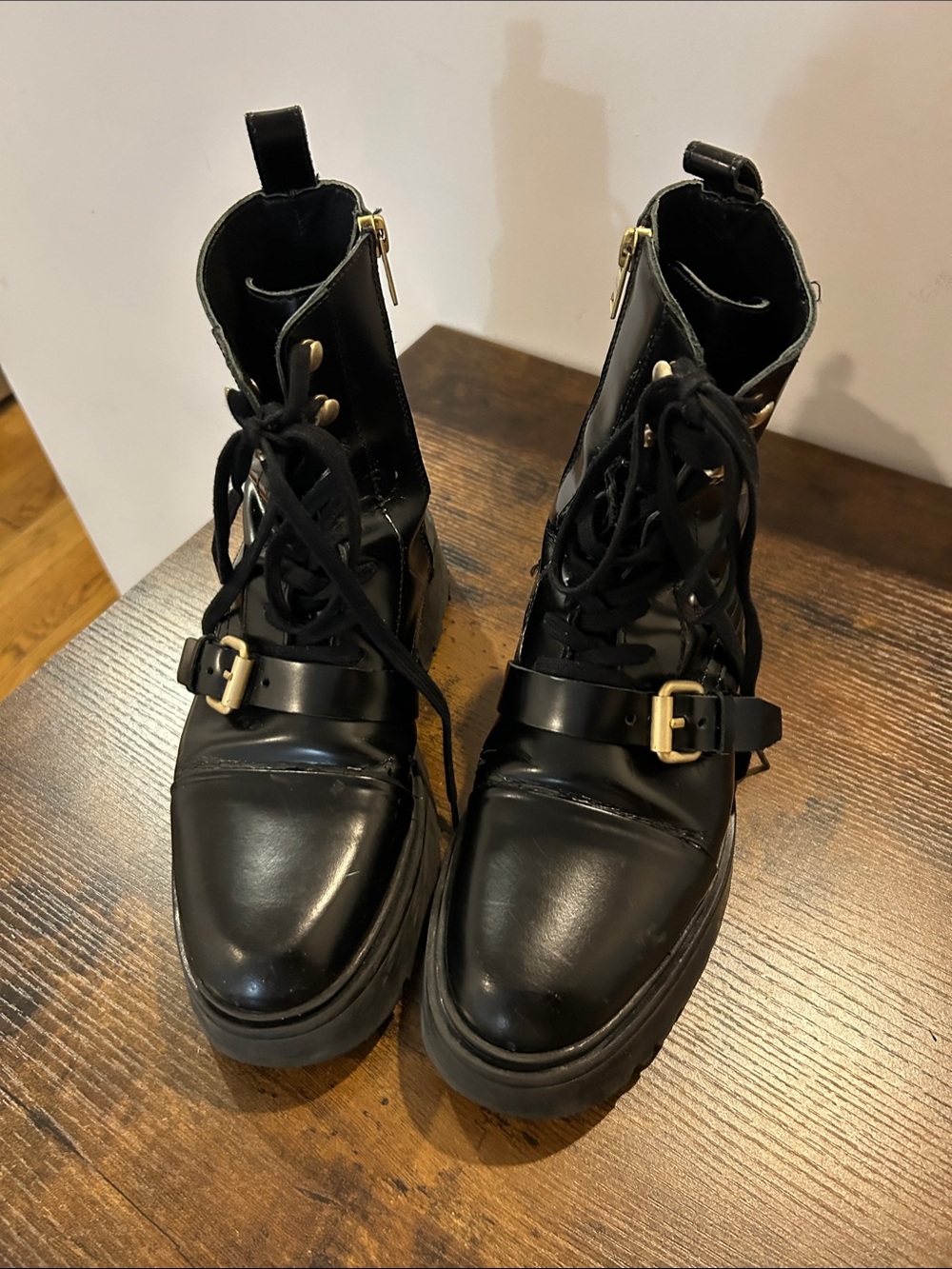 AllSaints Black Patent Lace-Up Combat Boots with Gold Buckles - Picture 7 of 8
